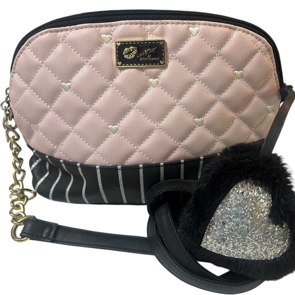 Betsey Johnson Quilted Pink and Black Crossbody Bag - Picture 1 of 7